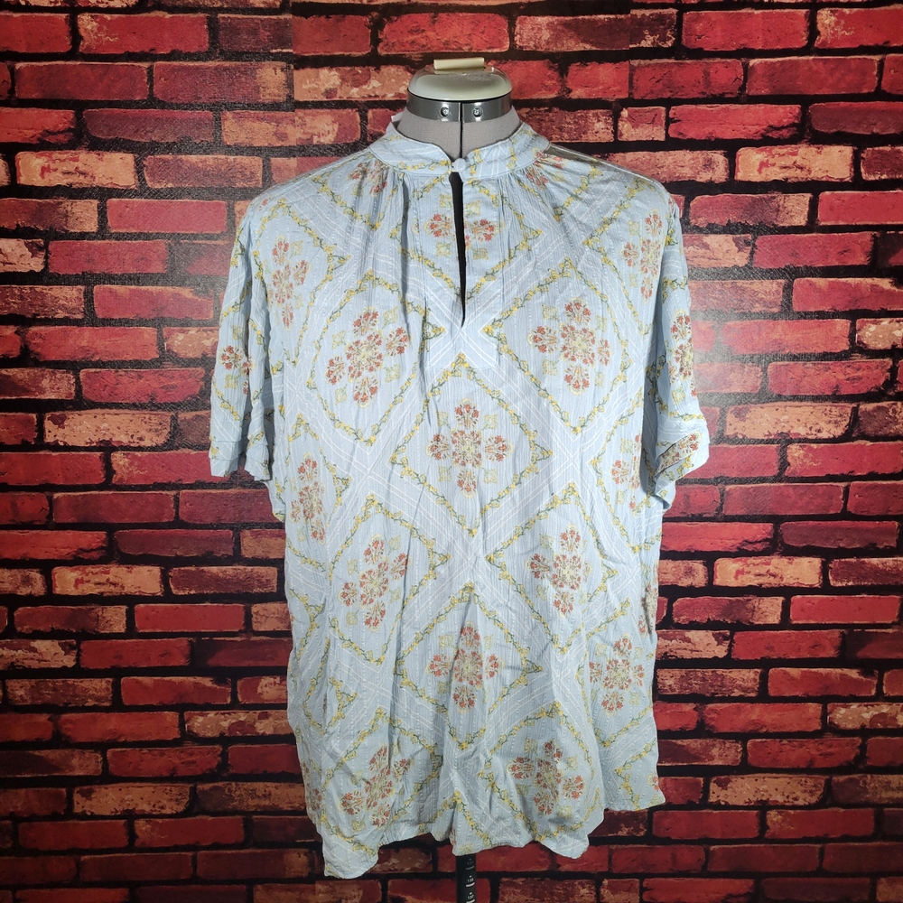 LOFT Geometric Floral Blouse - Light Blue and Yellow
